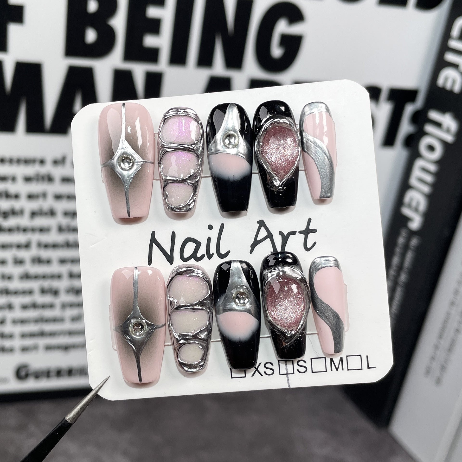 Uñas postizas hechas a mano, diseño de Spice Girl, estilo ojo de gato, diseño de uñas medianas y largas, con parches, para uso industrial, pintadas a mano, para llevar ｜365nails