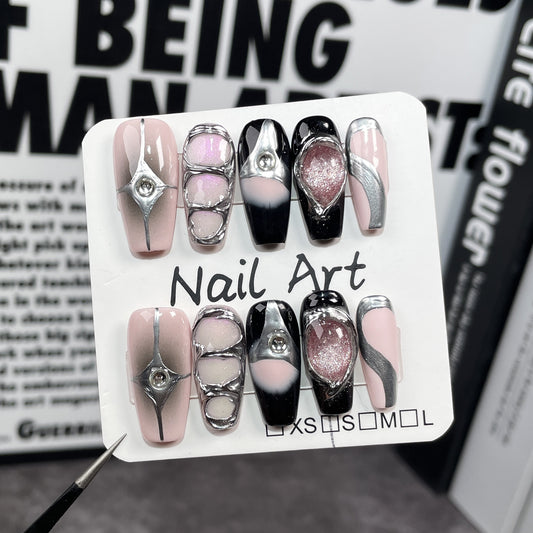 Handmade Press-on Nails Sweet Cool Spice Girl Spar cat eye Medium and Long Nail Art Patch Heavy Industry Hand Painted Wearable ｜365nails
