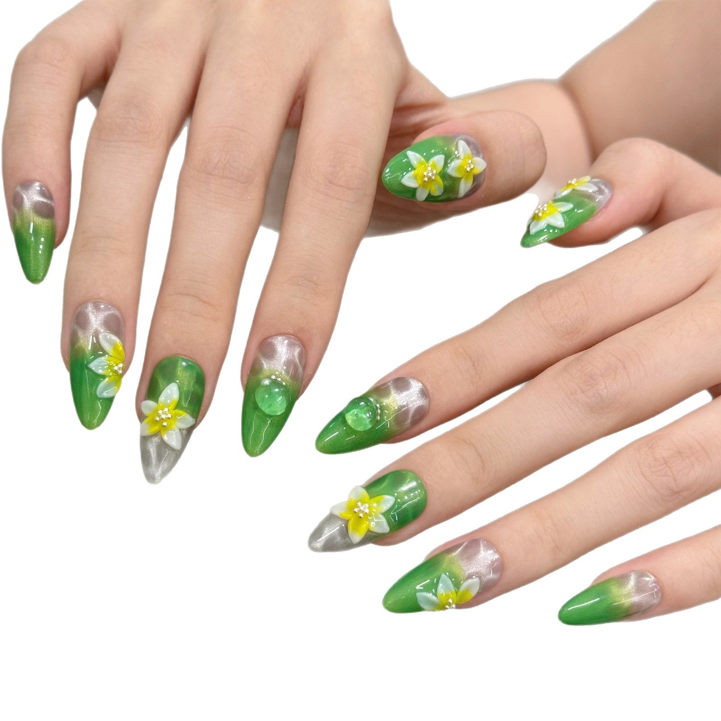 Green relief flower water ripple cat eye pure handmade nails | 365nails