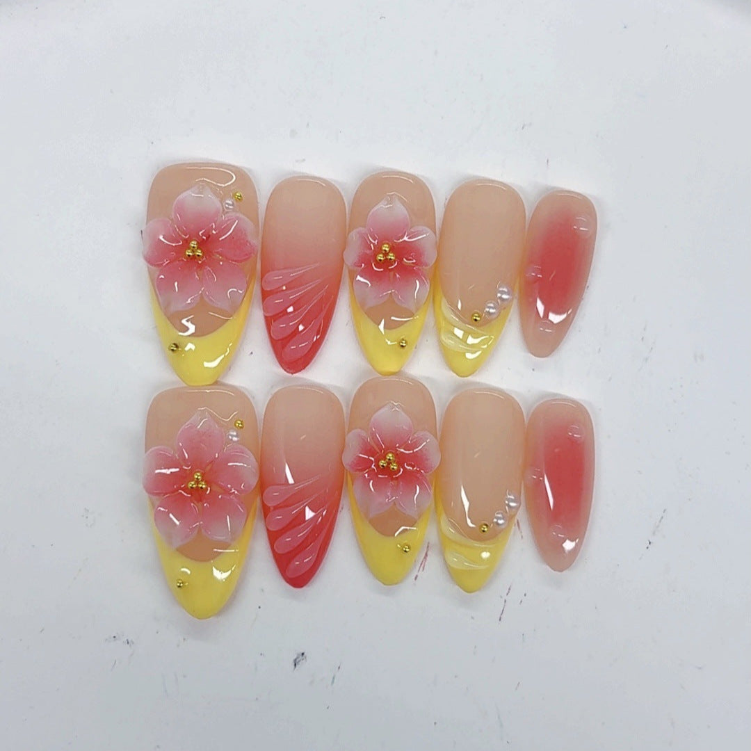 Sakura citron : "Floral rose" – Ongles press-on forme amande