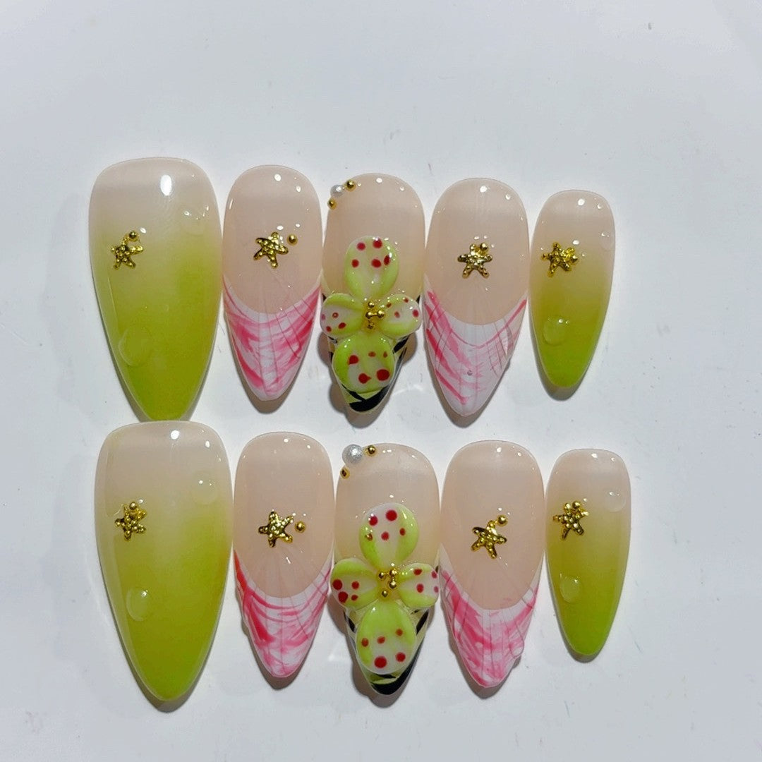 365nails-夏日微風：「草莓雪酪」— 杏仁形 手工製 3D 雕刻 穿戴甲