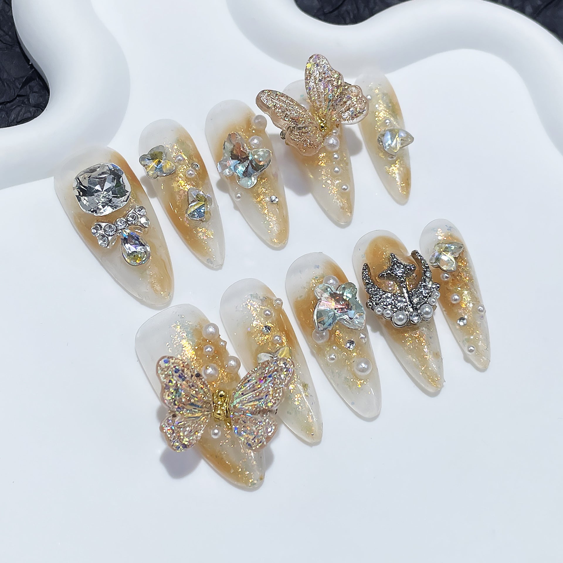 Armadura ligera de lujo para industria pesada, pura, hecha a mano, de alta gama, con diseño de mariposa inteligente Symphony, parche de uñas largo y puntiagudo, mariposa en movimiento｜365nails