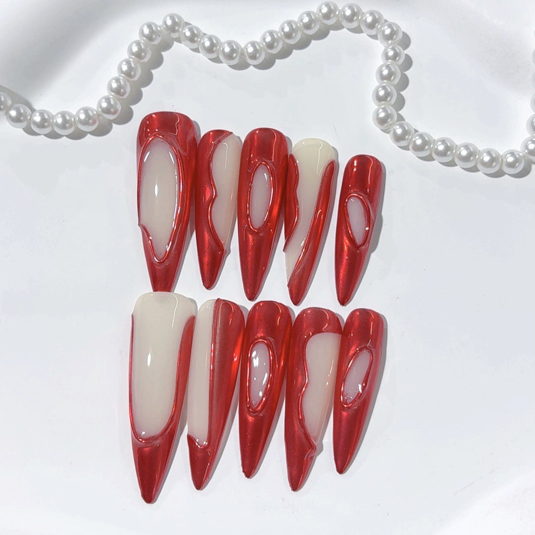 365nails: "Bord de Flamme Cramoisie" – Ongles press-on longs forme stiletto, rouge métallique creux, faits main