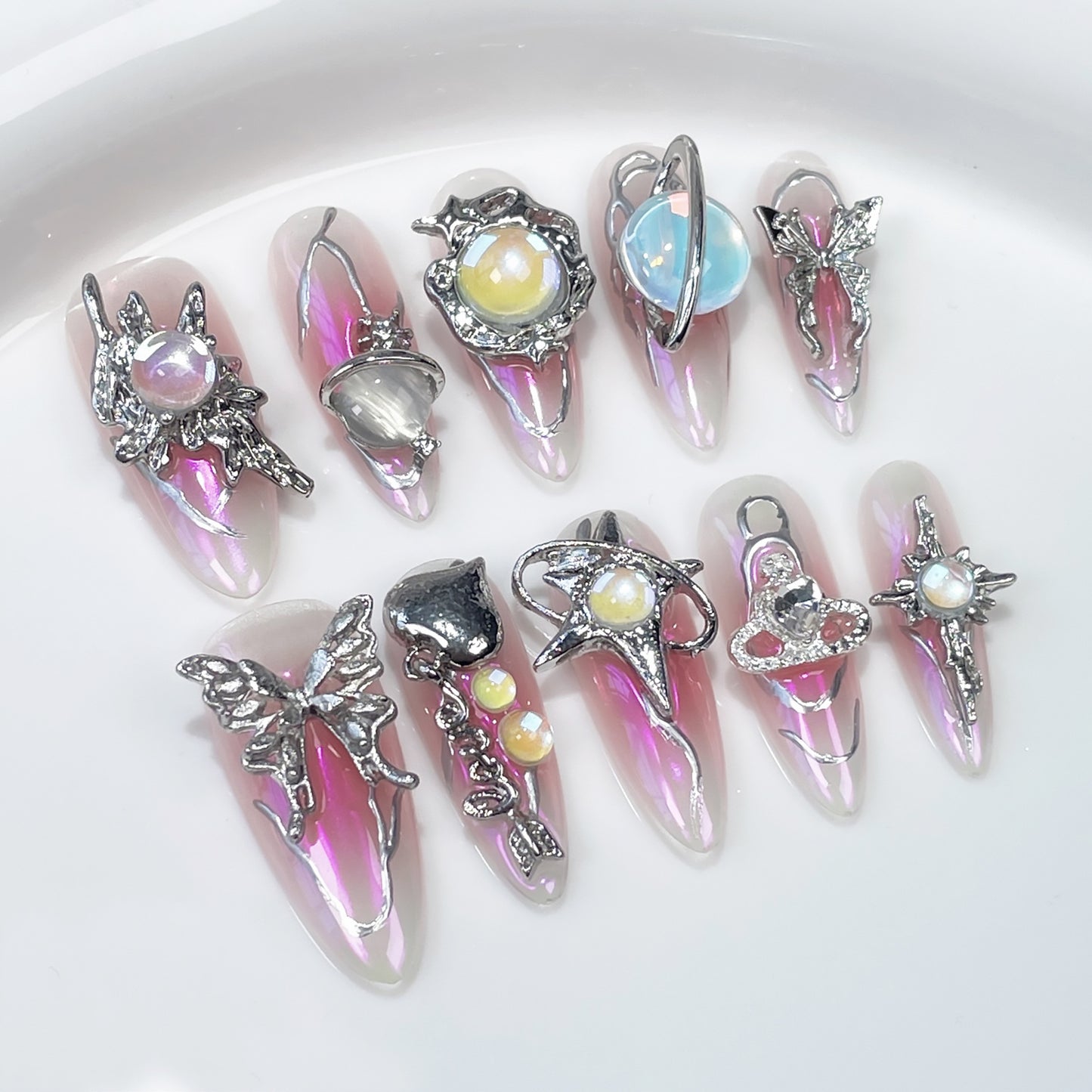 Airbrush blush Aurora gradual change Handmade press on nails Europe and the United States heavy industry light luxury medium and long nail art wearable nail sticker｜365nails