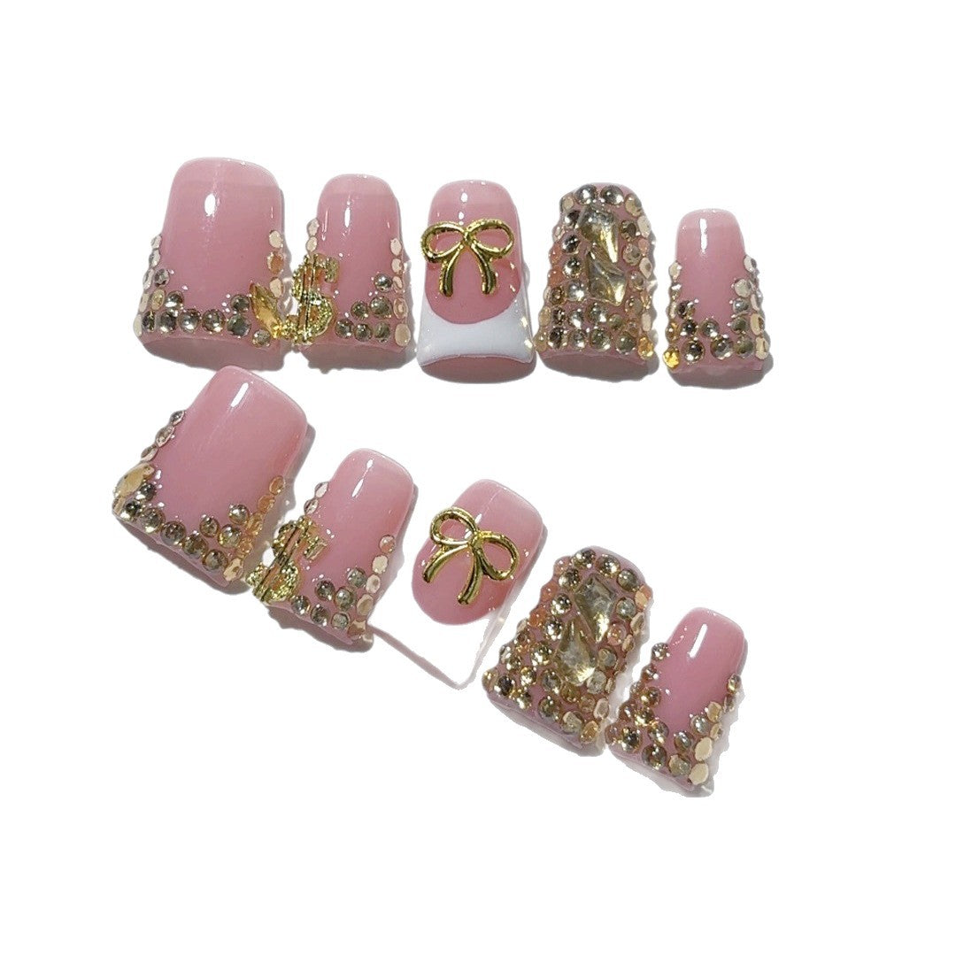 Rich Bling: "Golden Bow & Dollar" – Square Press-On Nails
