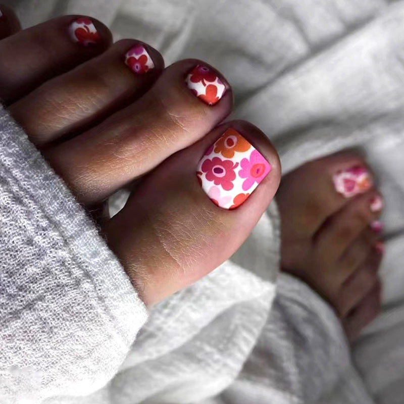 Unhas postiças de caleidoscópio retrô fosco, multicoloridas, com flores, modelos de unhas postiças, atacado, 24 peças｜365 unhas