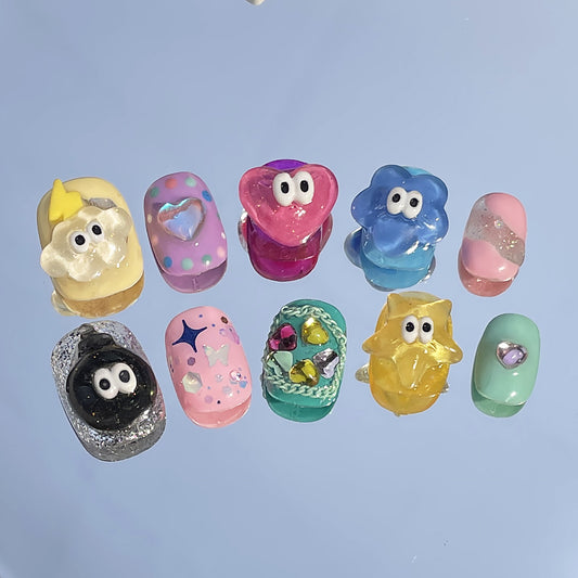 Candy color cartoon cute handmade press-on nails childlike fun small eyes sweet cool nail patch wearable nail sticker｜365nails