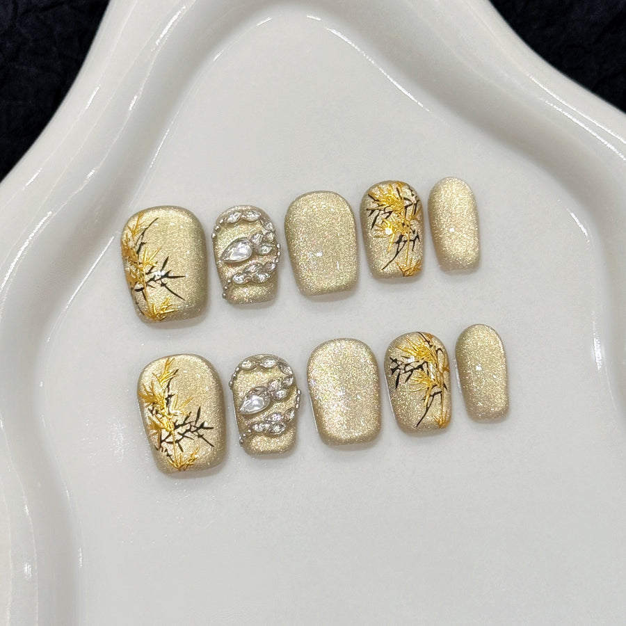 365nails: "Gilded Blossom" – 3D Pearl & Floral Handmade Short Square Nails