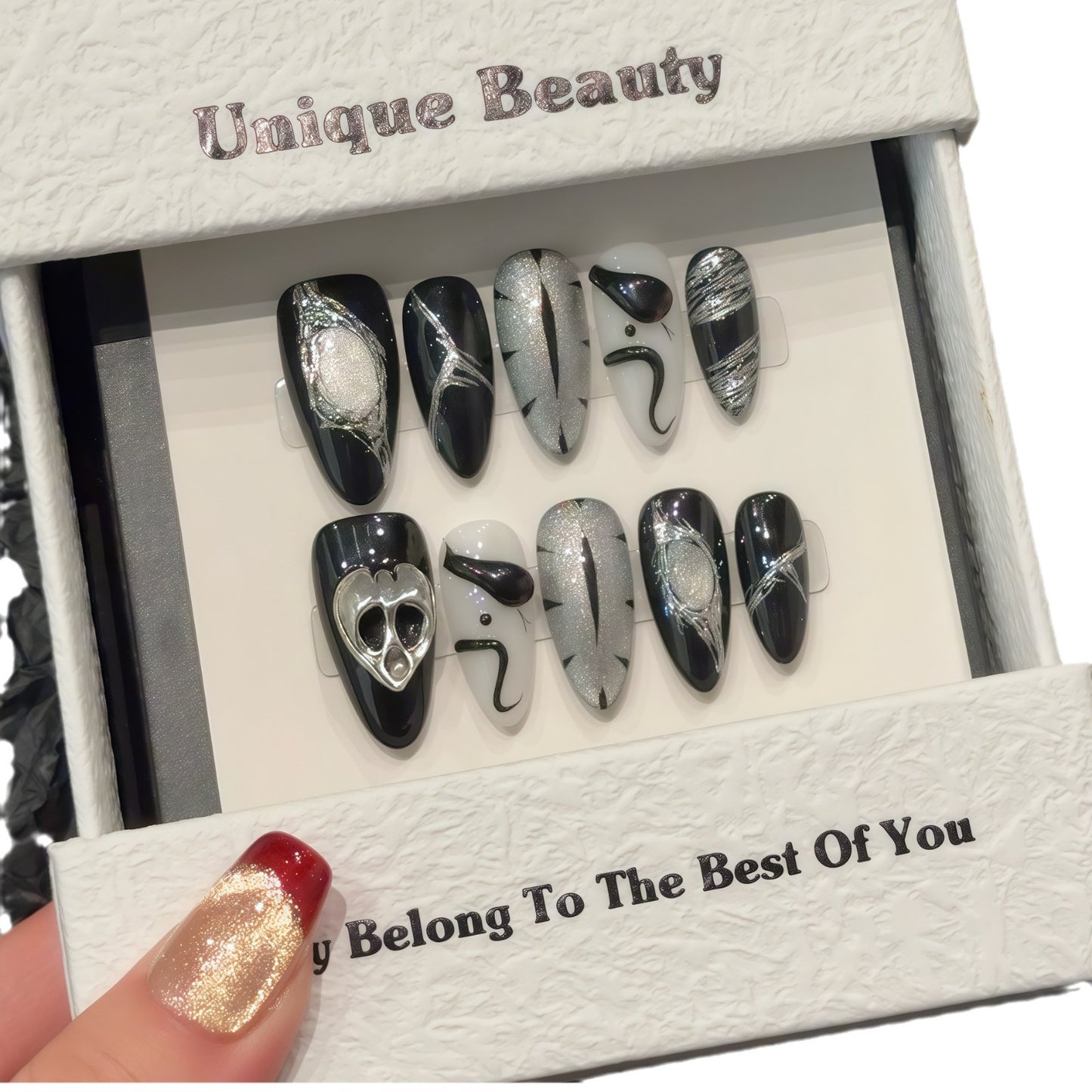 Sweet Cool Dark Black Python Eye Ghost Skeleton Cat Eye Almond Wear nails | 365nails