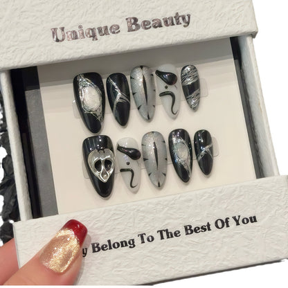 Sweet Cool Dark Black Python Eye Ghost Skeleton Cat Eye Almond Wear nails | 365nails