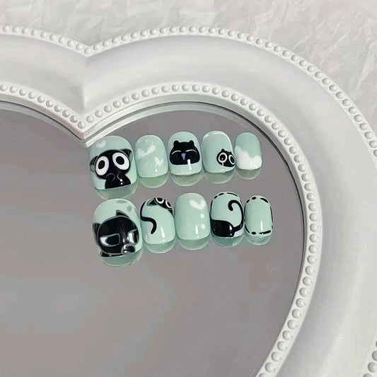 Fresh green base cute little black cat manicure kids nails｜365nails