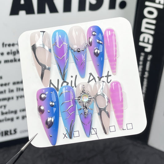 Long-pointed two-color gradual change Handmade press on nails sweet cool hot girl irregular shape hand-painted nail patch wholesale｜365nails