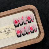 Pink Floral Medium Nails with Black Tips