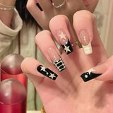 Unhas postiças com estampa de estrelas strass, unhas postiças pretas, amarelas, contrastantes, com fundo branco leitoso, francesas, unhas postiças｜365nails