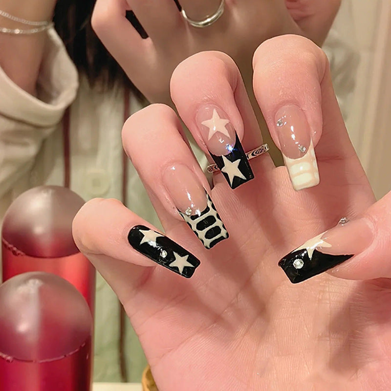 Unhas postiças com estampa de estrelas strass, unhas postiças pretas, amarelas, contrastantes, com fundo branco leitoso, francesas, unhas postiças｜365nails