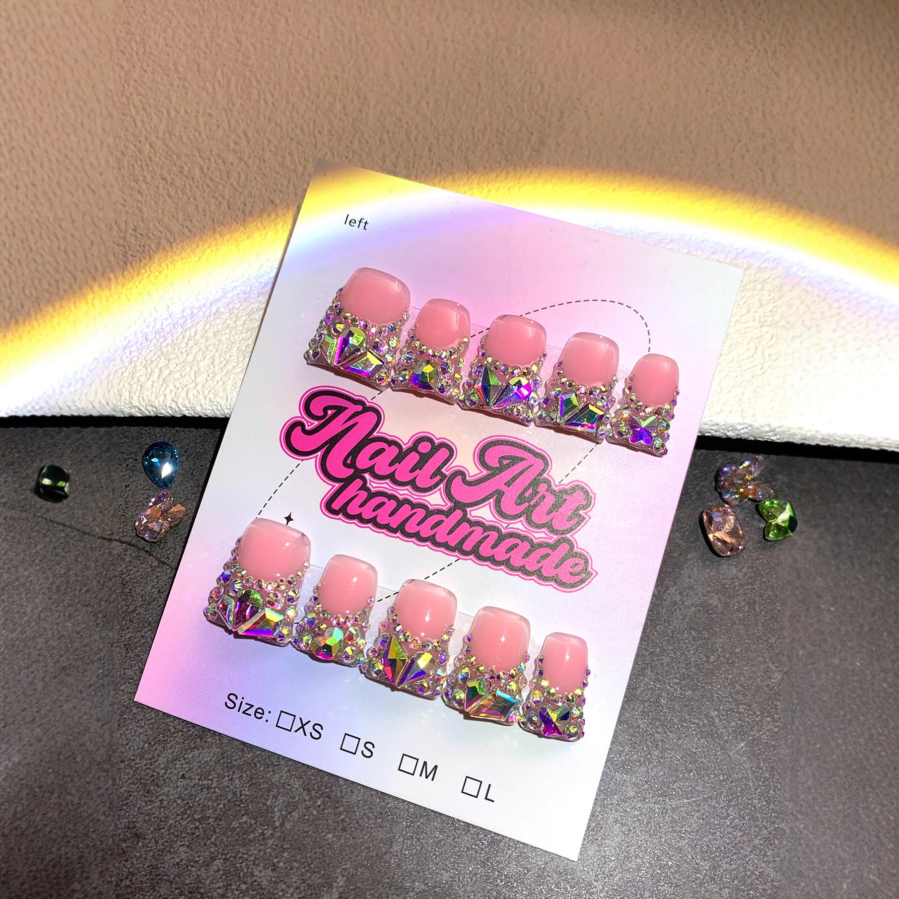 Pink Nude Nails with AB Crystal Glam Tips