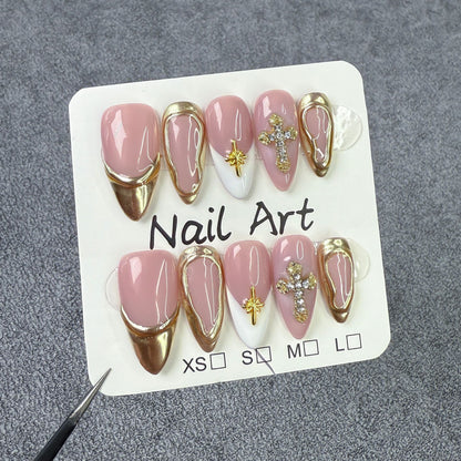 Ice transparent French   almond armor simple blush armor metal wind cross Handmade press on nails｜365nails
