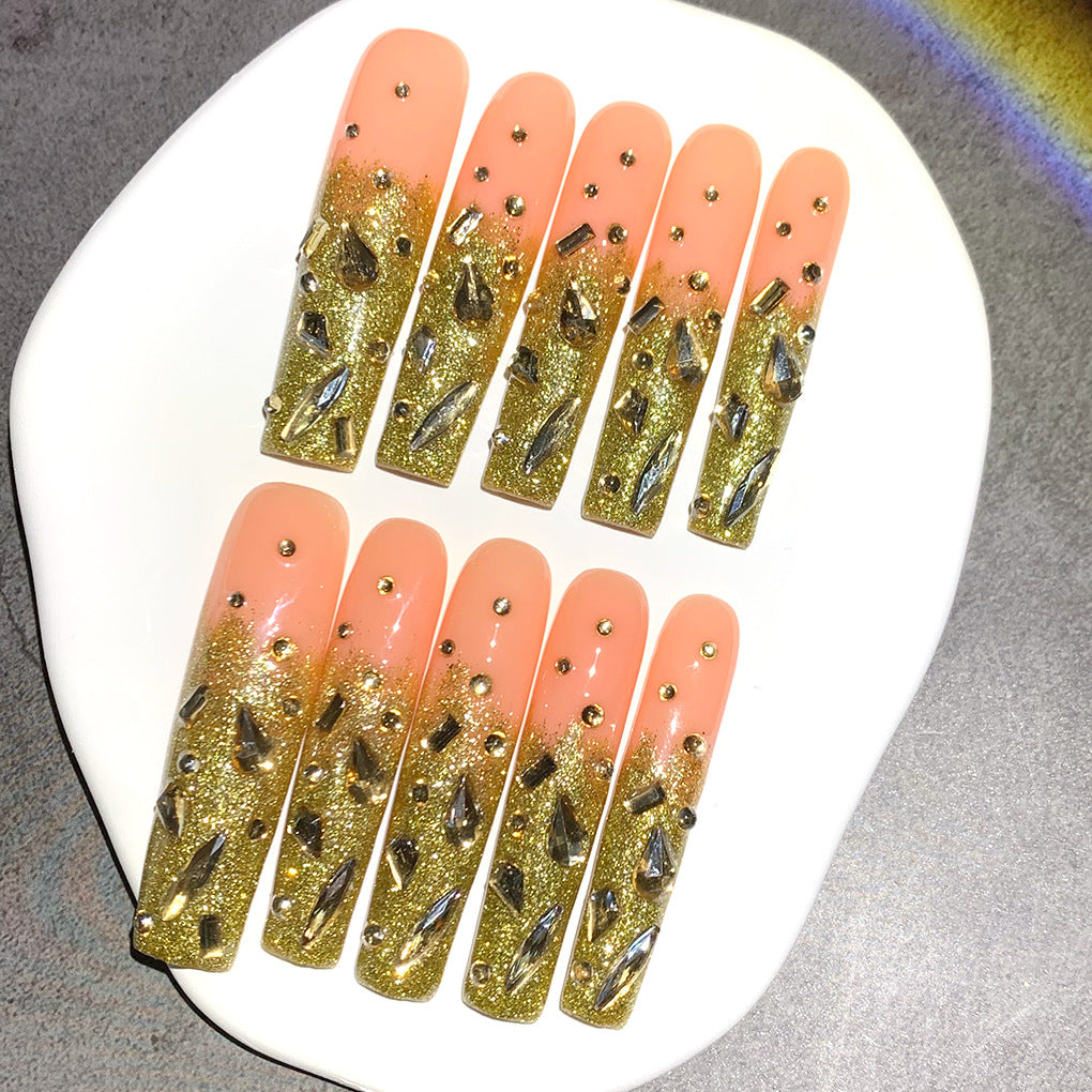 金色亮粉長款穿戴甲，水鑽鑲嵌華麗飾面