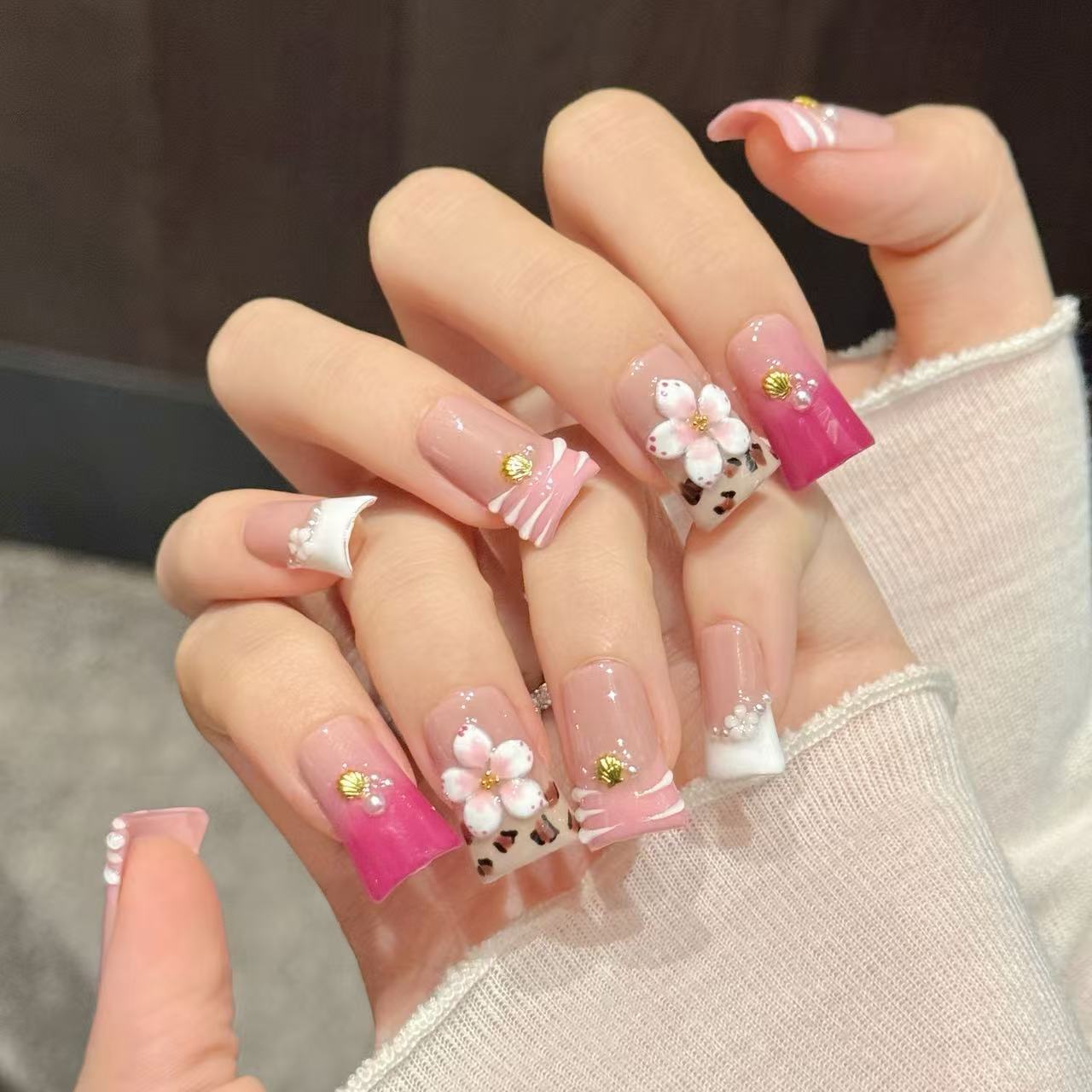 Pink Floral Leopard Accent Press On Nails