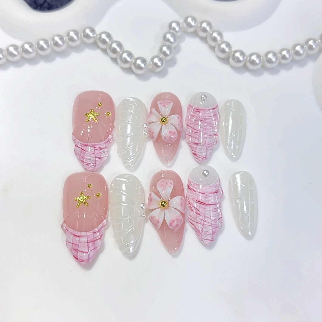 Seashell Sakura: "Starfish & Floral" – Almond Press-On Nails