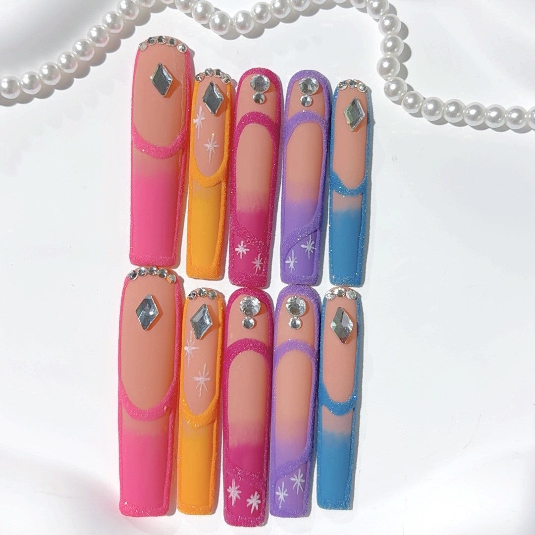 Retro Colorblock Crystal Gradient Press On Nails