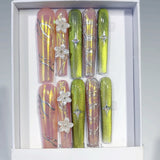Neon Green Holographic Floral Statement Press On Nails