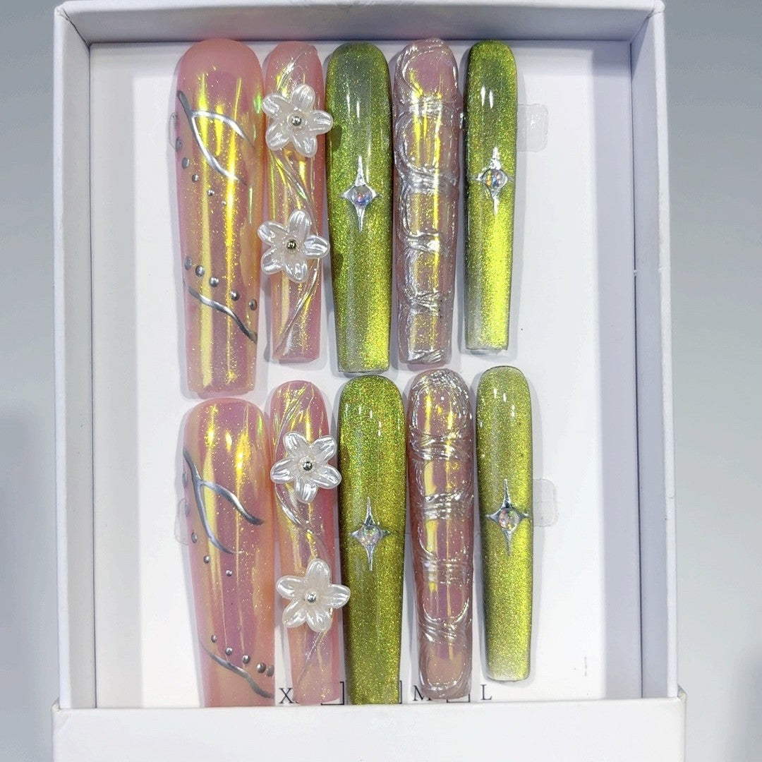 Neon Green Holographic Floral Statement Press On Nails