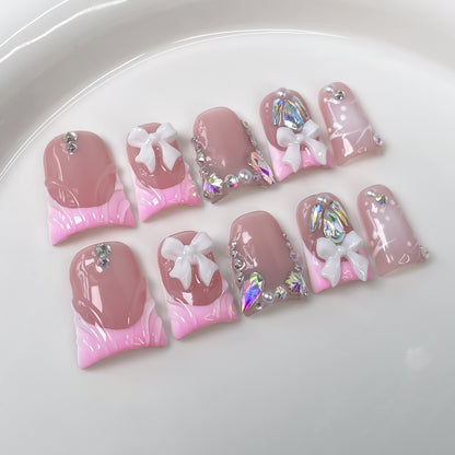 Unhas bico de pato, arte de unhas com laços fofos e delicados, blush francês translúcido, unhas postiças feitas à mão 365nails