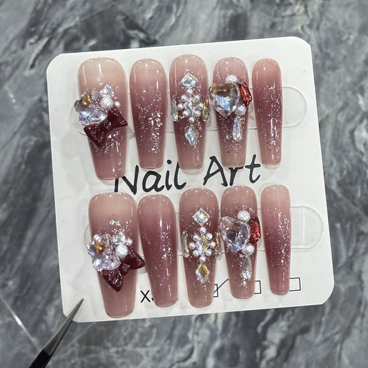 Handmade Press-on Nails Ice Clear Blush Stacked Diamond Nail Art Autumn and Winter New Wearable Fake Nail Factory Wholesale｜365nails