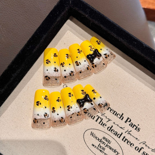 Ginger gradient French leopard print Spice girl black leather three-dimensional bow medium and long handworn finished product | 365nails