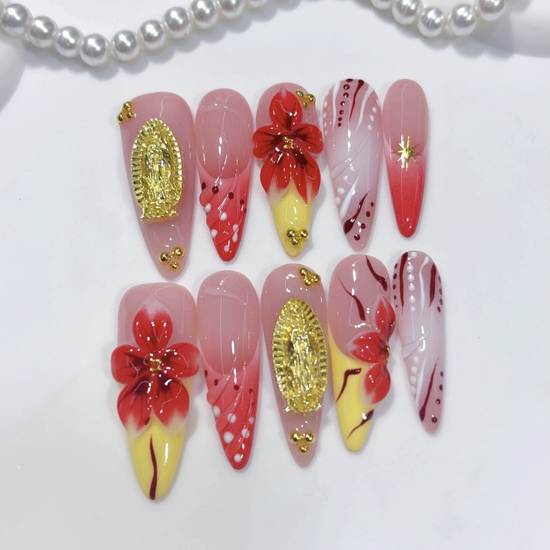 Crimson Gold : « Opulence fleur écarlate » – Ongles press-on faits main forme amande