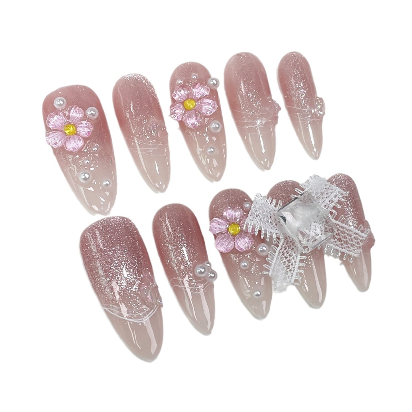 Pure Handmade Press-on Nails sweet cute ice through small flower nail art finished patch gradual change cat eye long fake nail wholesale｜365nails