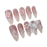 Uñas postizas hechas a mano, diseño de flores pequeñas con un toque de hielo, con un parche terminado, cambio gradual, estilo ojo de gato, uñas postizas largas, venta al por mayor | 365nails