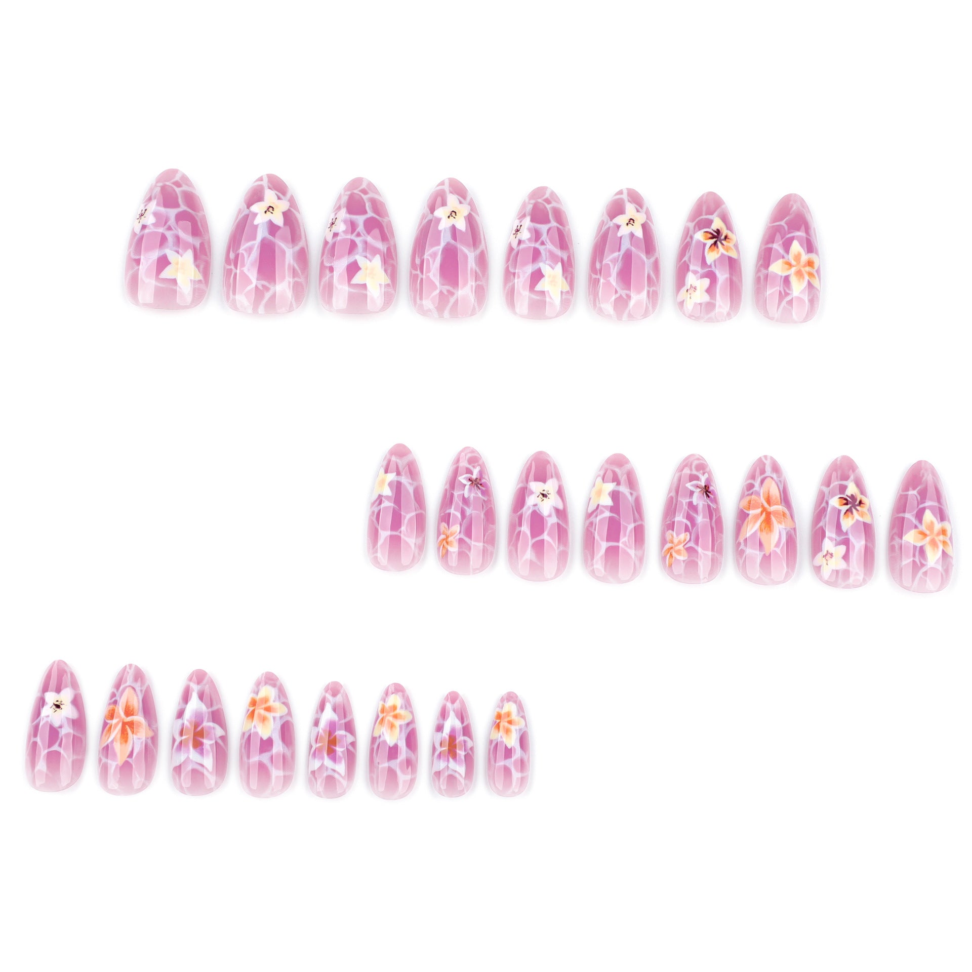 Uñas postizas con estampado de mármol, manicura fresca de verano con flores, almendra corta, ¡venta al por mayor! 365nails