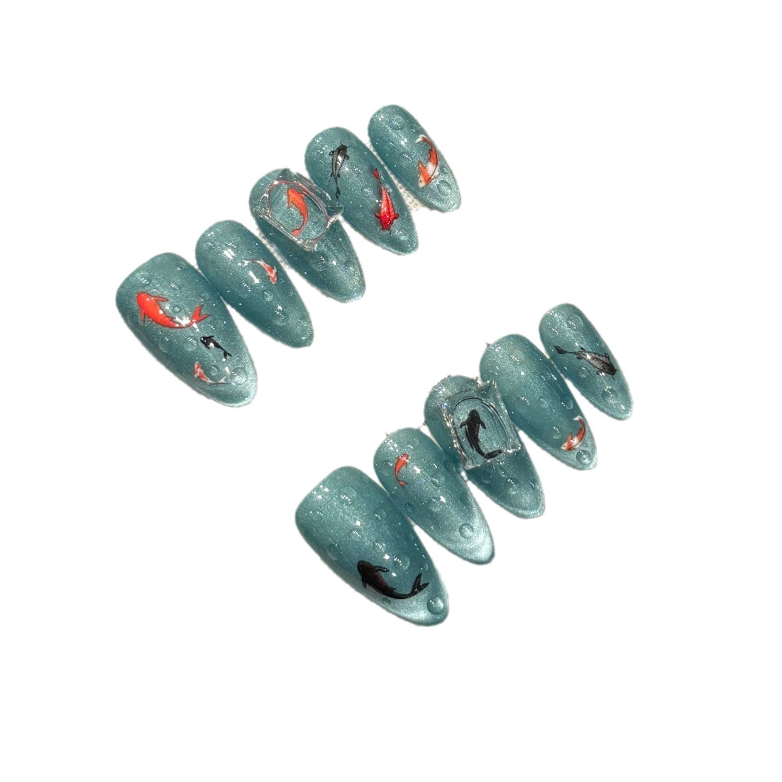365nails: "Koi Serenity" – Hand-Painted Cat Eye Almond Nails