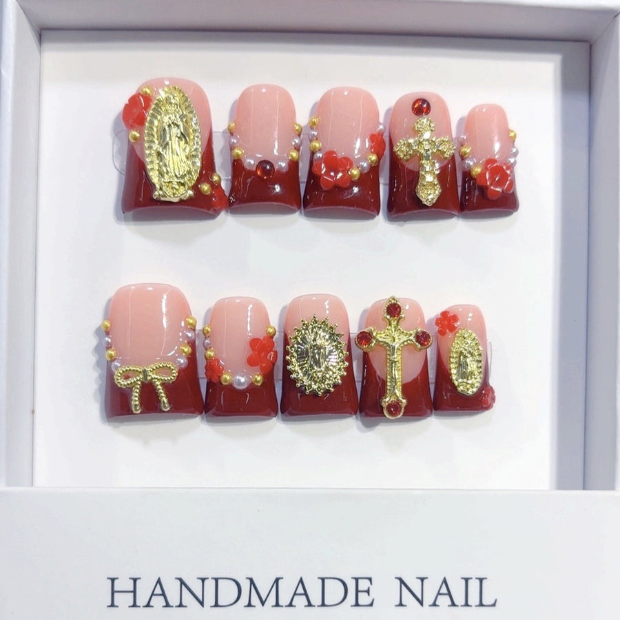 Sacred Grace: "Divine Crimson" – Short Square Press-On Nails
