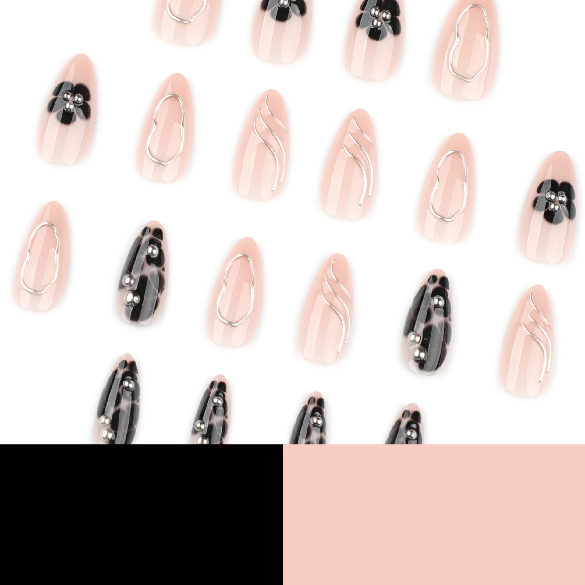 Popular Black Petals Flowers Short Almonds press-on nails