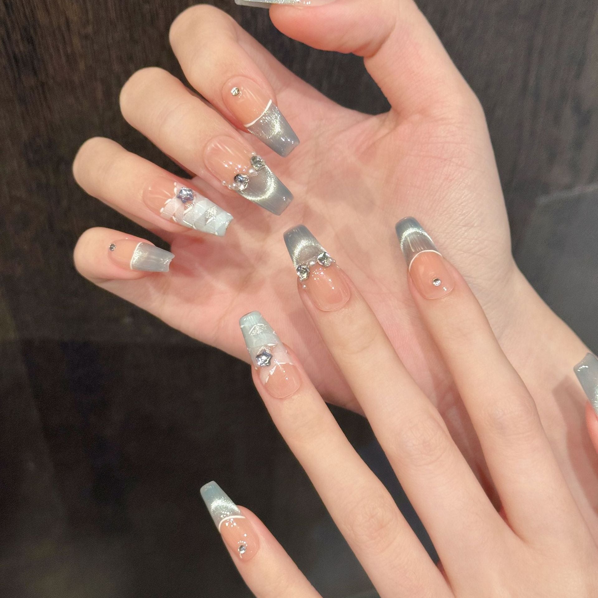 365nails: "Icy Siren" – 3D Gem & Cat Eye Handmade Long Almond Nails