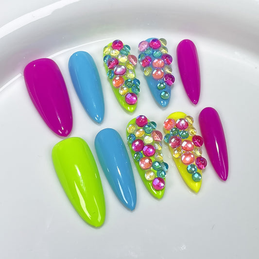 Fluorescent handmade worn nail candy contrasting colors Spice girl long-pointed nail patch  sticker wholesale｜365nails