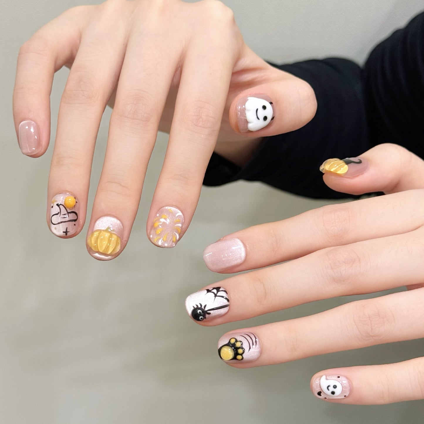 Cute Halloween 3D Ghost Pumpkin Cat Short Press-On Nails
