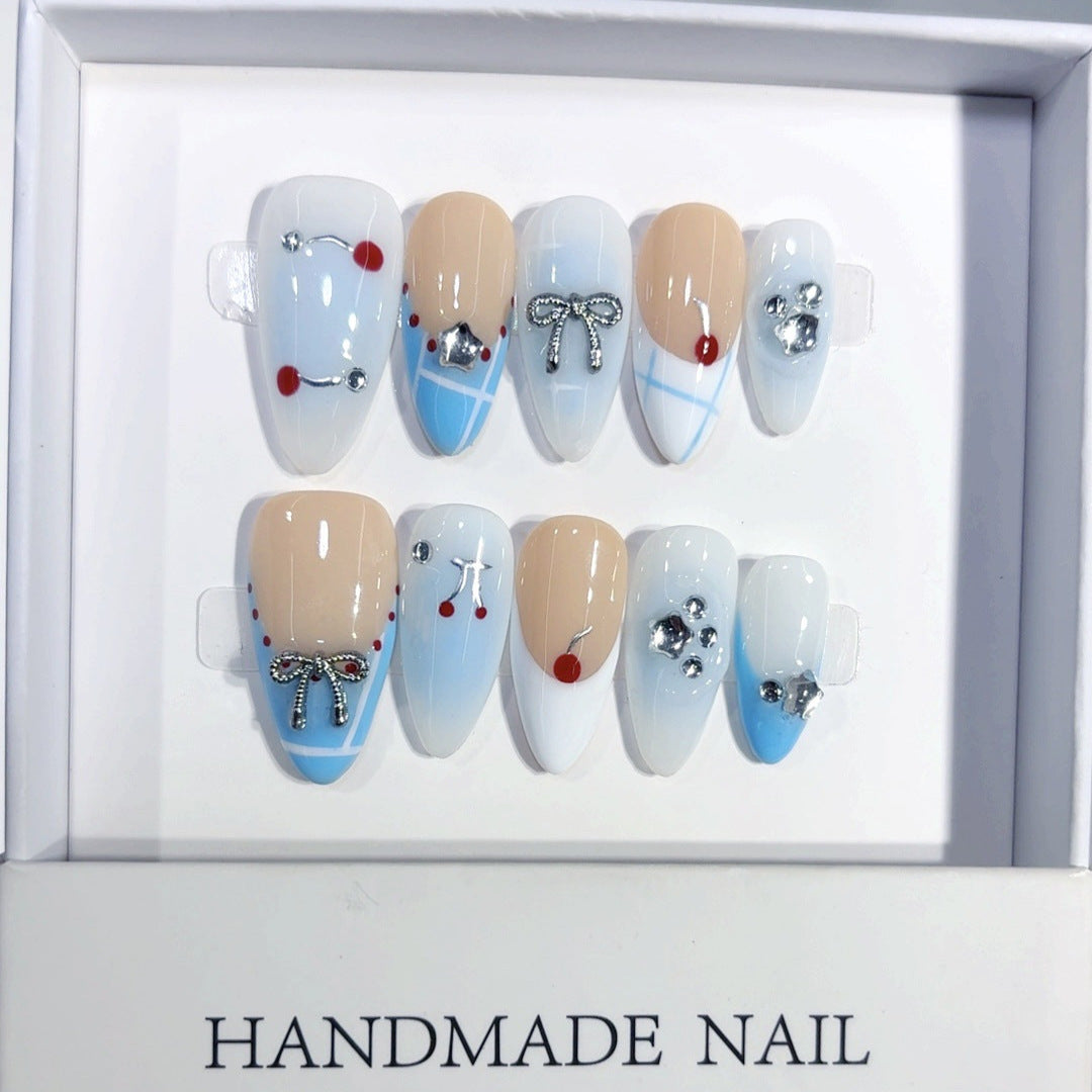 365nails 블루베리 리본의 즐거움 미디엄 아몬드형 귀여운 카툰 수제 프레스온 네일