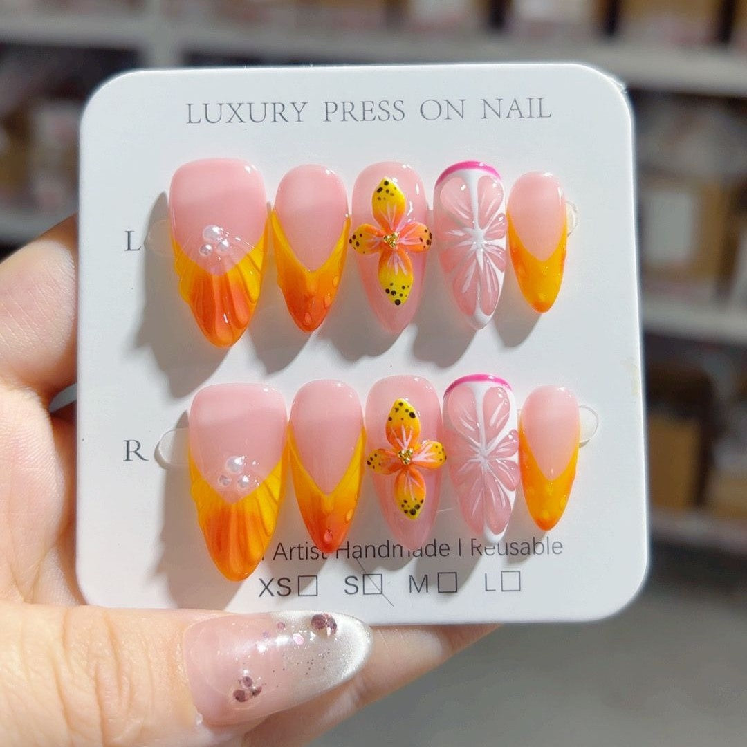 Tropical Citrus: "Sunset Citrus Bloom" – Medium Almond Nude & Orange Gradient Handmade Press-On