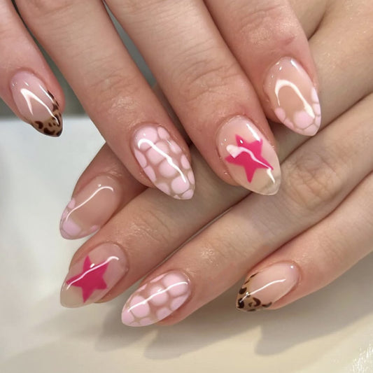 hot-selling red star manicure nail piece short almond-shaped repeatable fake nail French leopard print press on nails｜365nails