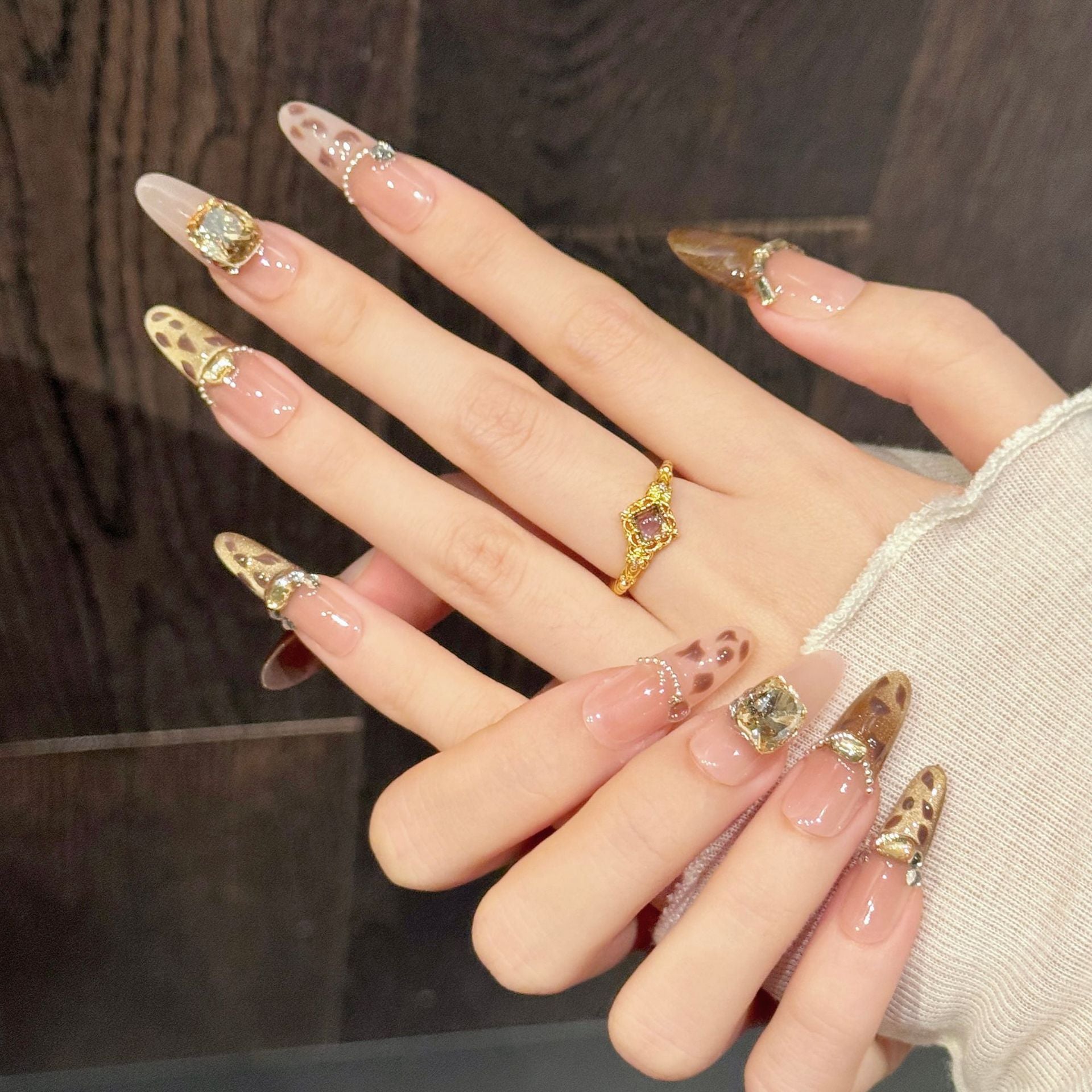365nails: "Safari Chic" – Leopard Print & Crystal Embellished Cat-Eye Handmade Almond Nails