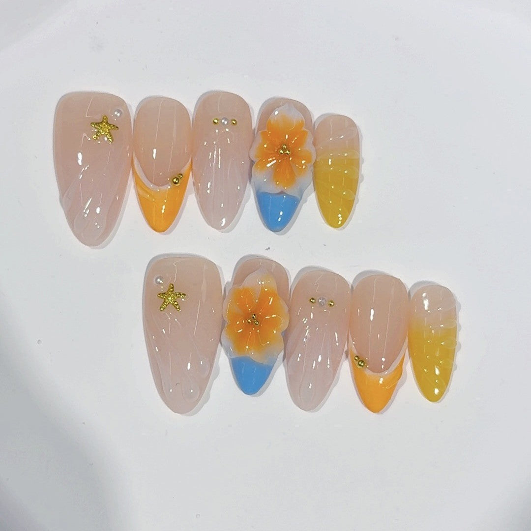 Summer Citrus: "Orange Bloom" – Medium Almond Handmade Press On Nails