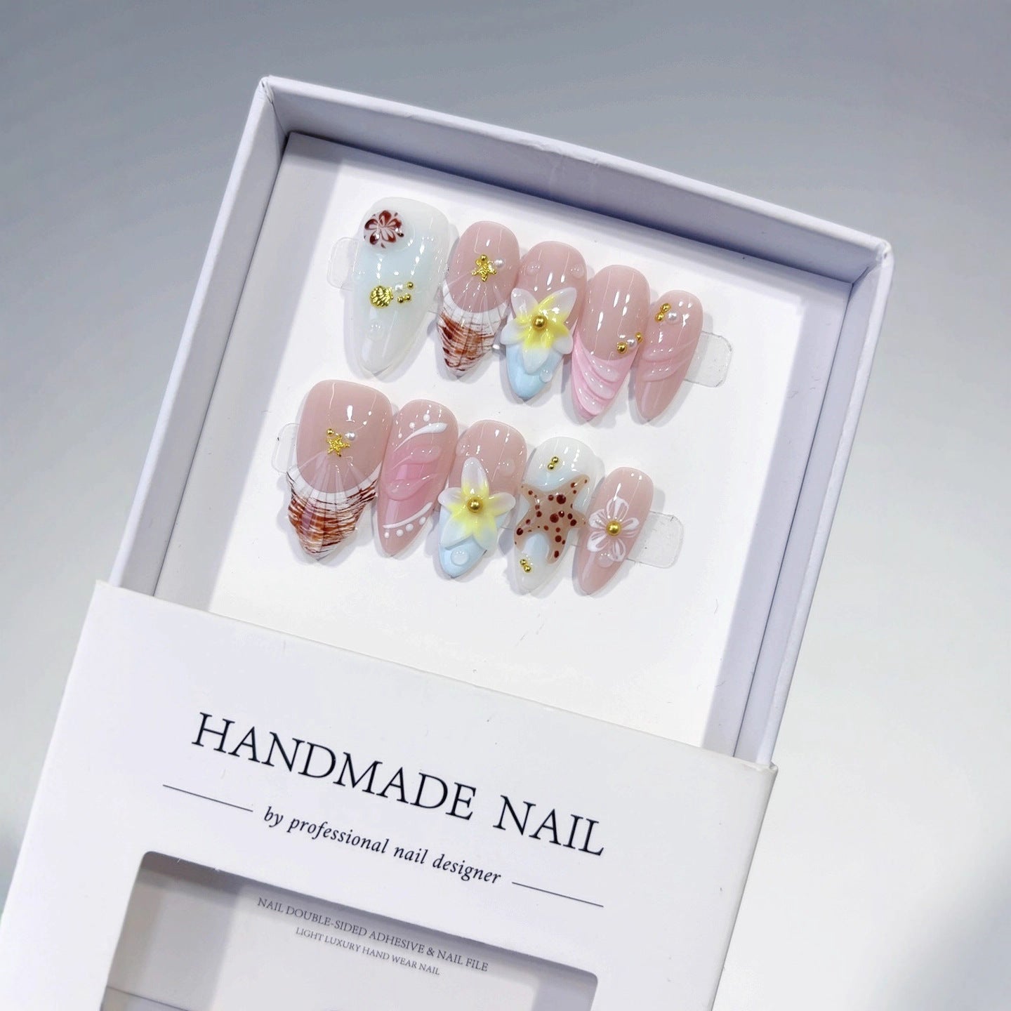 Beach Breeze: "Seashell & Floral" – Almond Press-On Nails