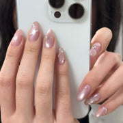 爆閃裸粉貓眼簡約杏仁尖水鑽穿戴甲