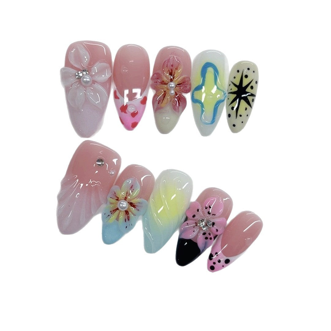 Floraison tropicale : "Fantaisie florale" – Ongles press-on faits main amande mi-longs