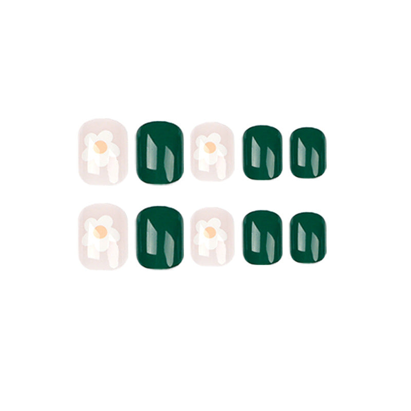 穿戴甲｜簡約清新綠色甲片 白花 可拆卸 成品｜365nails