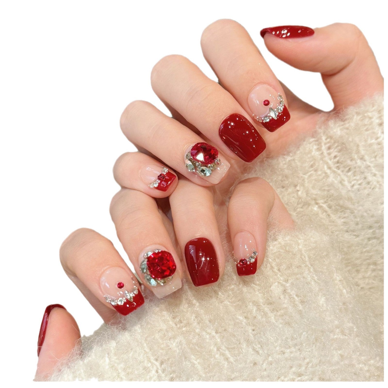 365nails: "크림슨 블룸" – 3D 플로럴 라인스톤 수제 숏 스퀘어형 네일